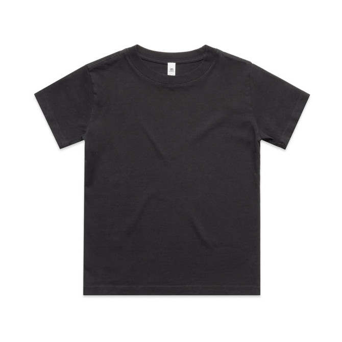 A dark grey children's t-shirt with a round neckline and short sleeves. It features a logo on the neckline.
