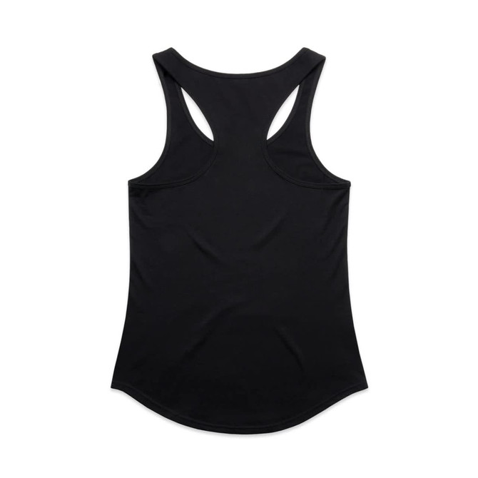 A black racerback singlet with a curved hem and a logo on the back.
