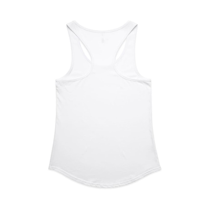 A white racerback singlet with a rounded hem and no visible branding.