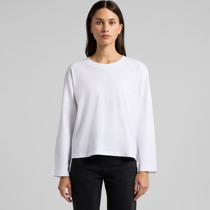 A white long-sleeve t-shirt with a relaxed fit, featuring a simple design and a logo.