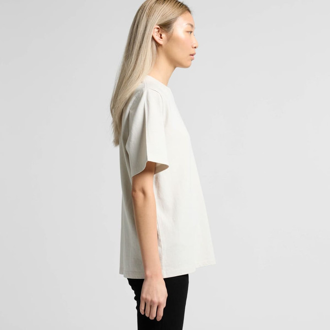 A light grey, oversized t-shirt with a round neckline and short sleeves, featuring a logo.