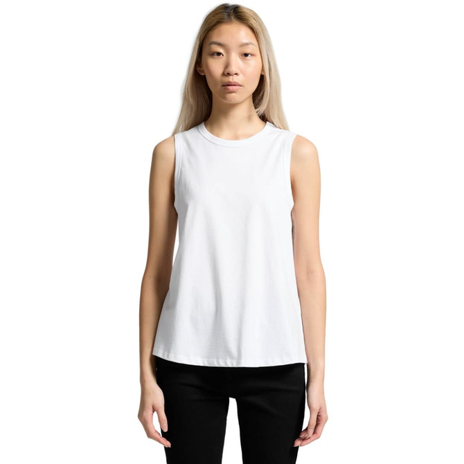 A white sleeveless tank top with a relaxed fit, featuring a simple design and a logo on the front.