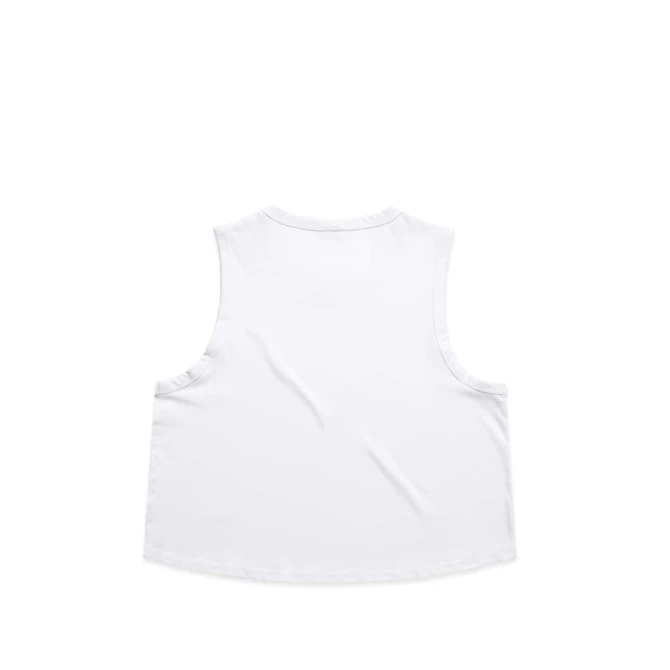 A white crop tank top with wide armholes and a relaxed fit, featuring no visible branding.