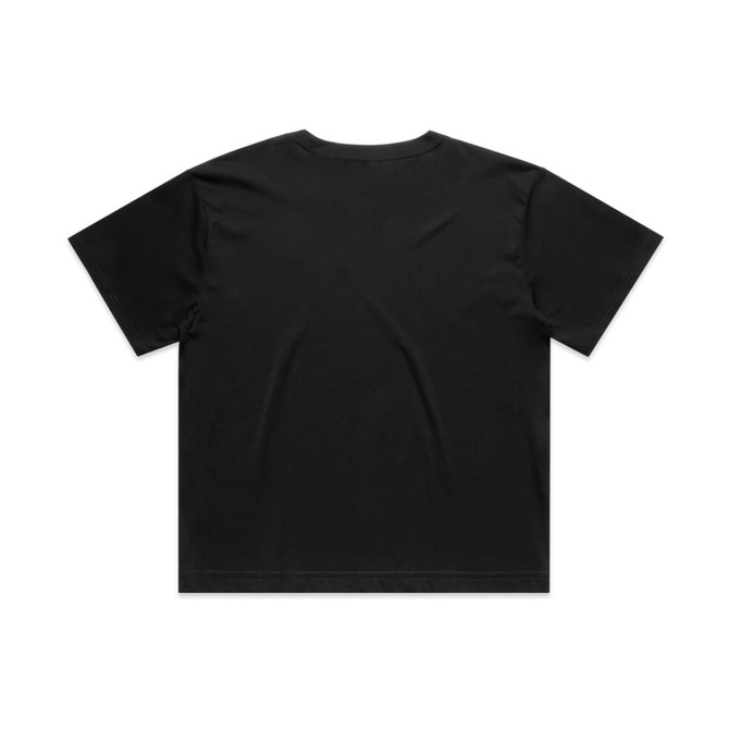A black crop tee featuring a relaxed fit and short sleeves, with a logo on the back.