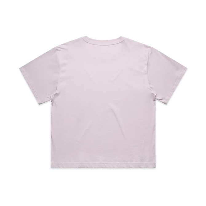 A light purple crop tee with a simple design and a logo on the back. Short sleeves and a relaxed fit.