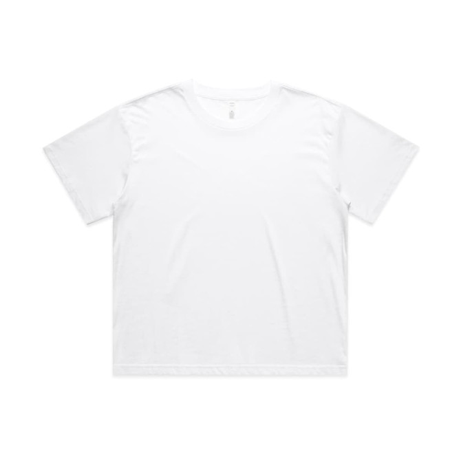 A white crop tee featuring a relaxed fit and short sleeves, with a logo on the back.
