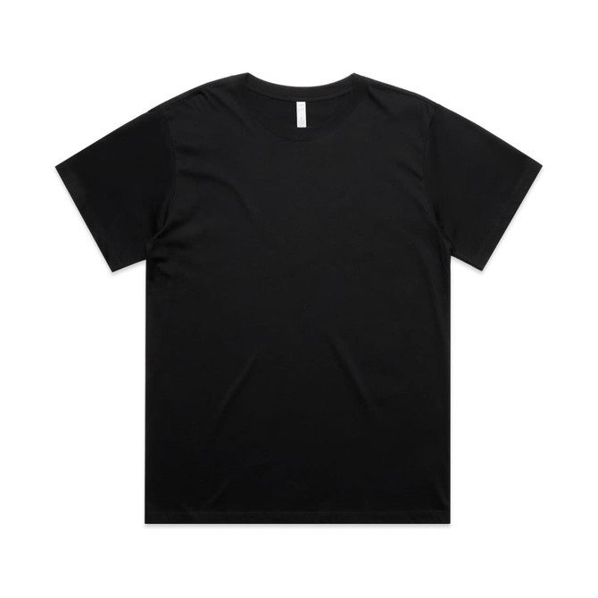 A black boyfriend tee featuring a simple design and a crew neck. The shirt has a branding label inside the collar.