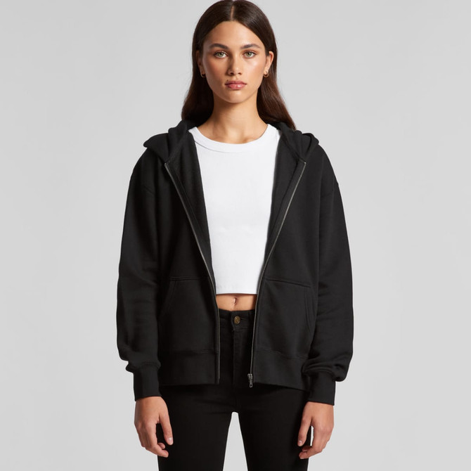 A black zip-up hoodie with a relaxed fit, featuring a hood and a front zip closure.