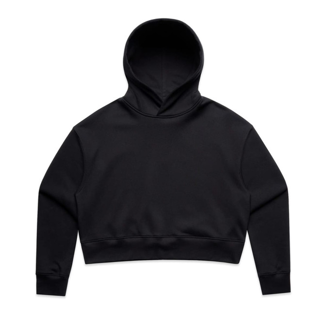 A cropped black hoodie with a hood, featuring a minimalistic design and fitted cuffs. Includes a logo.
