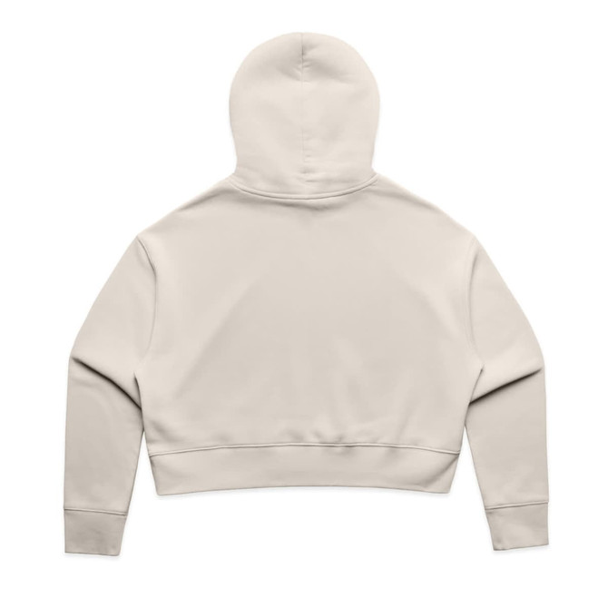 A cropped hoodie in a light beige colour, featuring a hood and long sleeves, with a brand logo on the back.