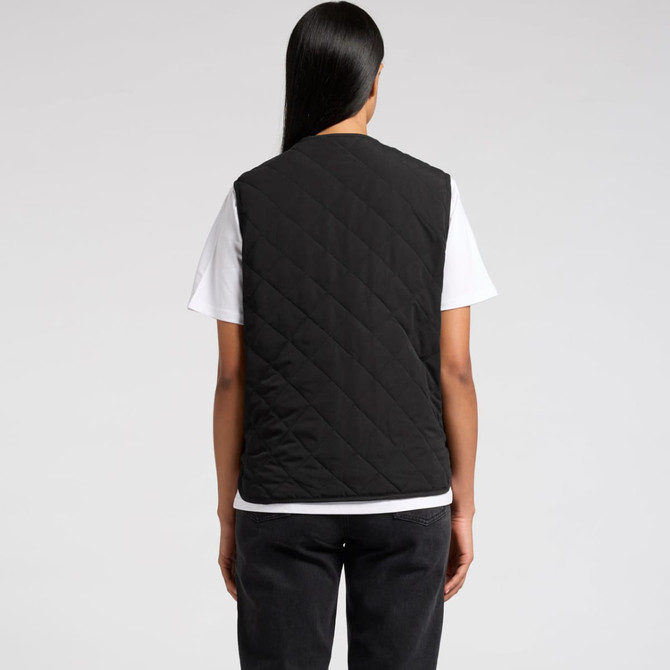 A black quilted vest with a minimalist design, featuring a back view and a logo near the neckline.
