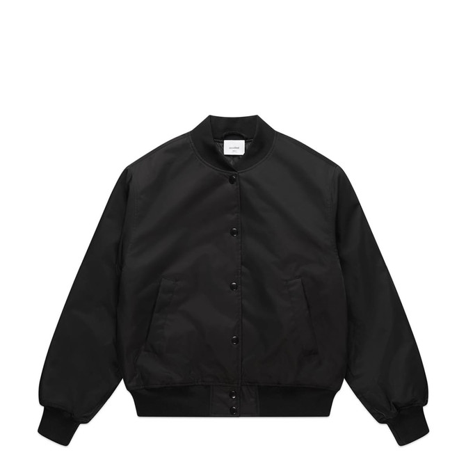 A black varsity bomber jacket featuring a button-down front and two side pockets. It has a logo on the label.