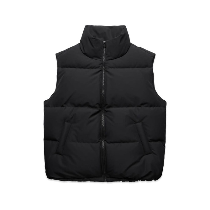 A black puffer vest with a high collar, featuring a front zipper and two side pockets.
