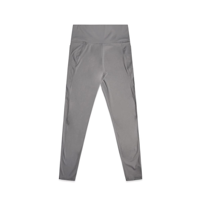 Active leggings in a soft grey colour, featuring a high waistband and side pockets, with branding visible.