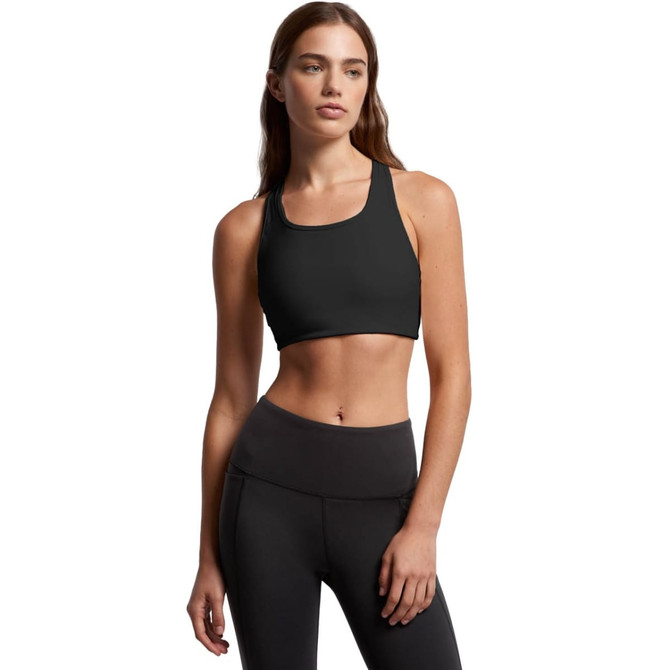 A black bra top with a racerback design, paired with matching high-waisted leggings. The design features a logo.