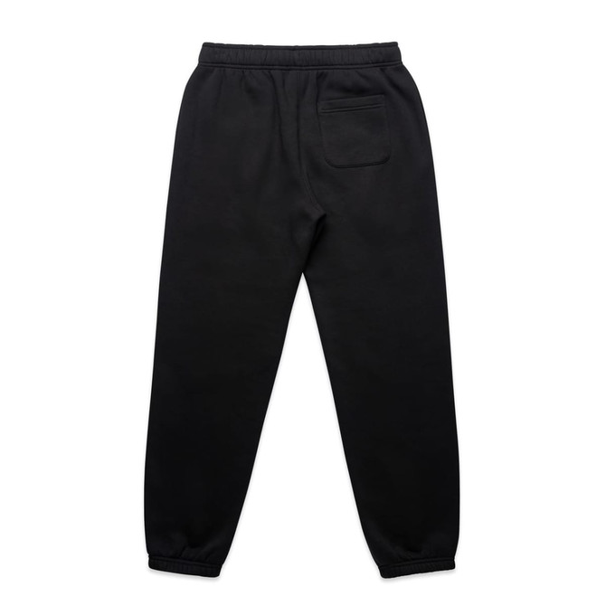 Black track pants featuring an elastic waistband and a single back pocket. Includes a logo on the waistband.