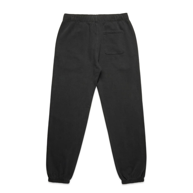 Faded black track pants featuring an elastic waistband and a single back pocket. Includes branding.