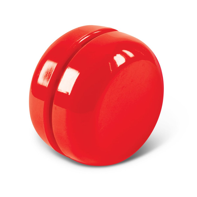 A red yoyo with a shiny finish, designed for entertainment and play.