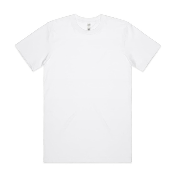 A plain white t-shirt with short sleeves, featuring a label inside and a branding logo.