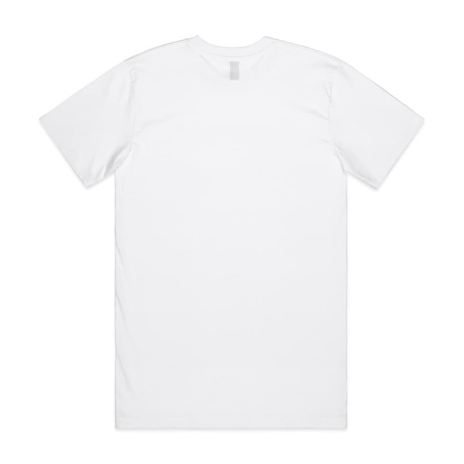 A plain white T-shirt with short sleeves, featuring a back view and a branding label at the neck.