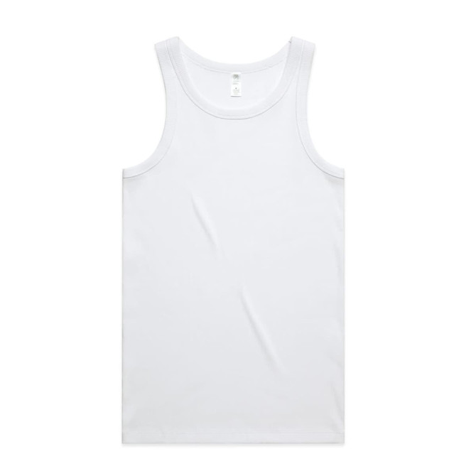A white organic rib singlet featuring a classic tank top design and a logo.