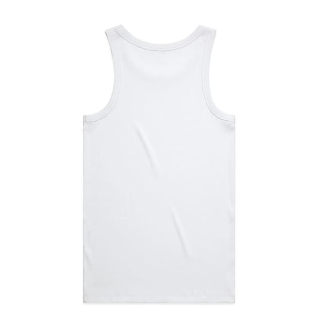 A plain white organic rib singlet with a simple design and a logo on the back.