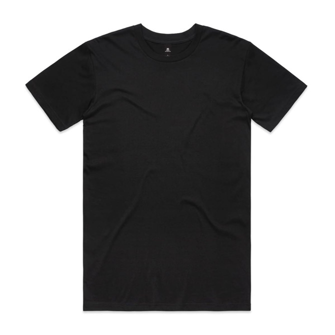 A black T-shirt made from recycled materials, featuring a crew neck and short sleeves. It has a logo on the label.