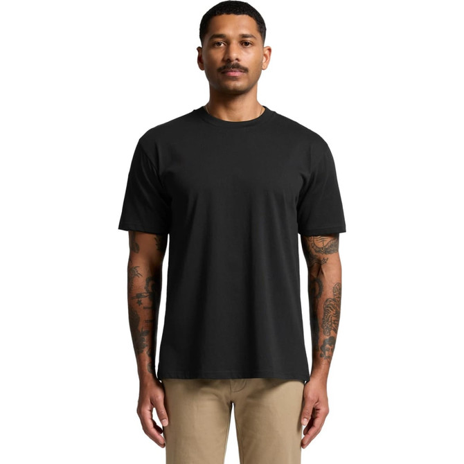 A black short-sleeved t-shirt on a model, featuring a round neckline and a logo.