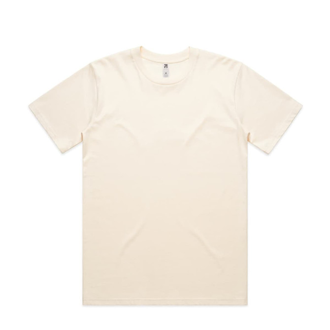 A plain cream-coloured t-shirt with short sleeves and a round neckline. It features a logo on the inside label.