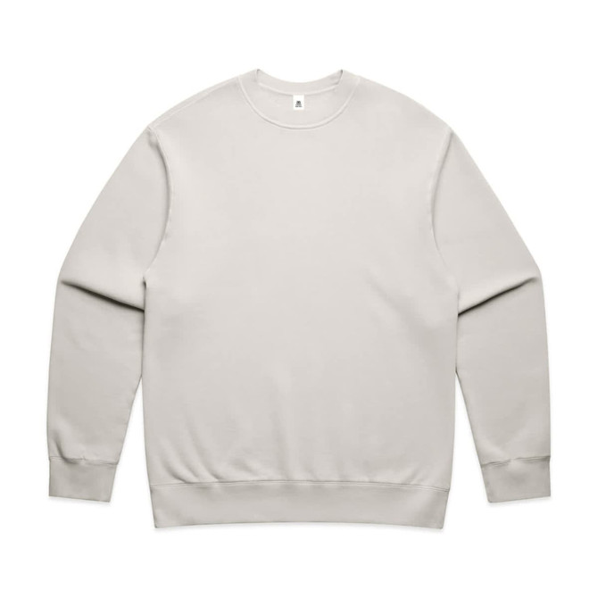 A light grey crew jumper with long sleeves, featuring a simple design and a logo on the tag.