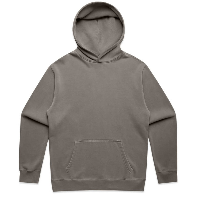 A faded olive green hoodie with a front pocket and a hood. The garment features a logo.