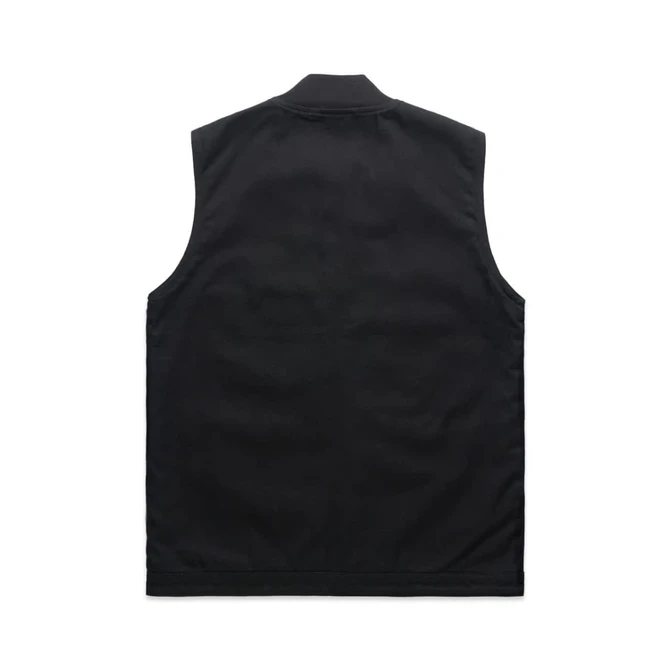A black canvas heavy vest with a straight back design, featuring a collar and armholes. It includes a logo.