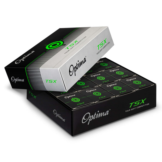 A stack of two boxes containing PGF Optima TSX golf balls, featuring a black and green colour scheme.
