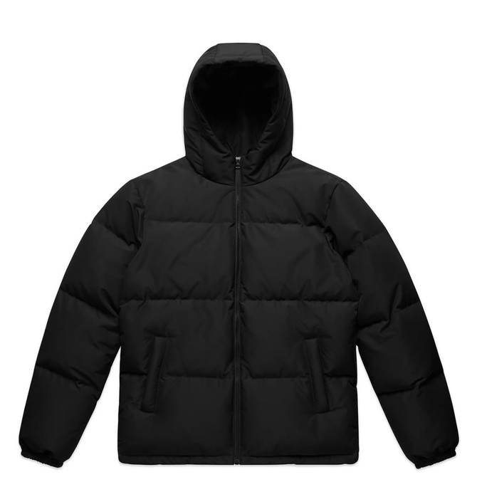 A black hooded puffer jacket with a zip front and two front pockets, featuring a logo.