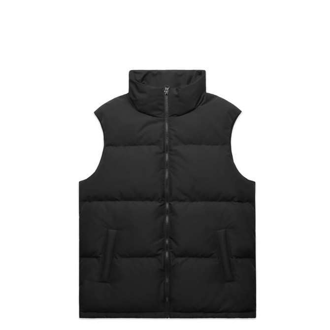 A black puffer vest with a high collar and two front pockets, featuring a zip closure and a logo.