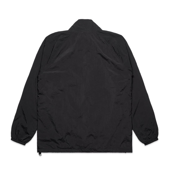 A black jacket with elastic cuffs and a collar, featuring a logo on the back.