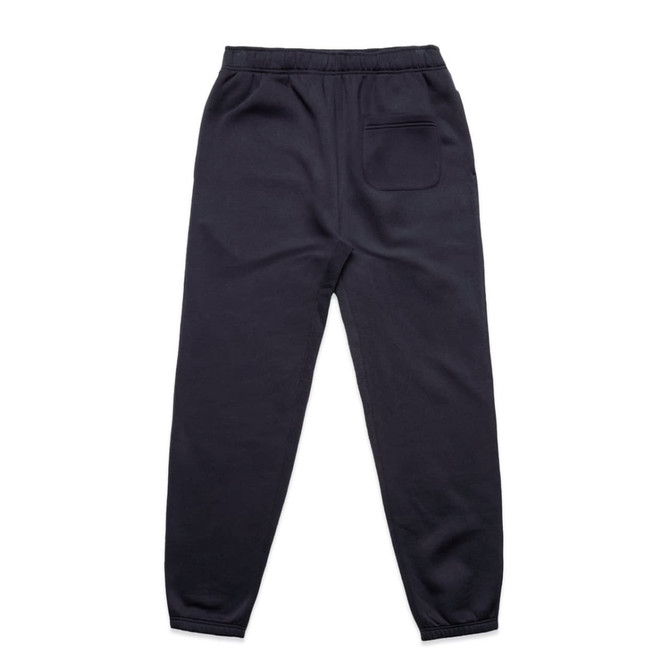 Navy track pants with an elastic waistband and a single back pocket, featuring a logo.