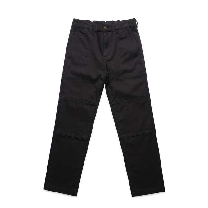 Black cargo pants featuring multiple pockets and a waistband with loops. The design includes a branding logo.