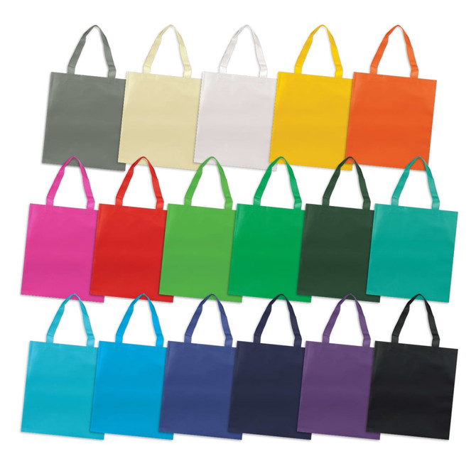 A variety of tote bags in multiple colours, featuring handles and a brand logo, arranged in a grid pattern.
