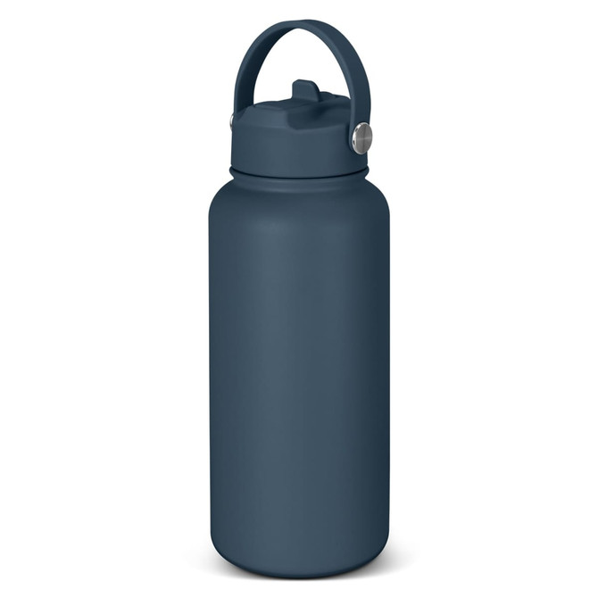 A drink bottle in a dark blue colour with a handle and a silver attachment, featuring a smooth finish.