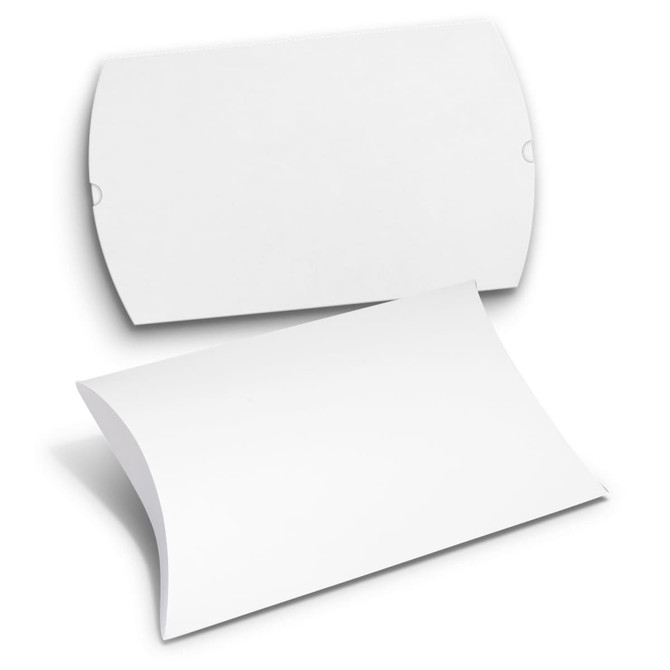 An extra large white pillow box with a curved design, featuring a flap closure and a logo.