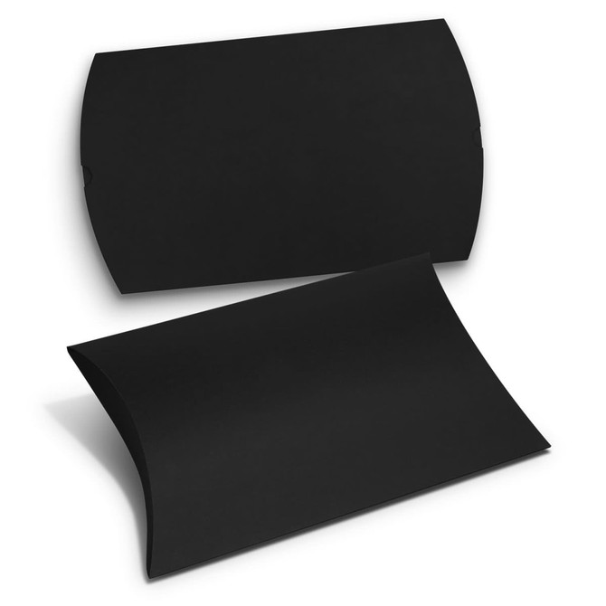 A black extra-large pillow box, featuring a curved design. It includes a logo on its surface.