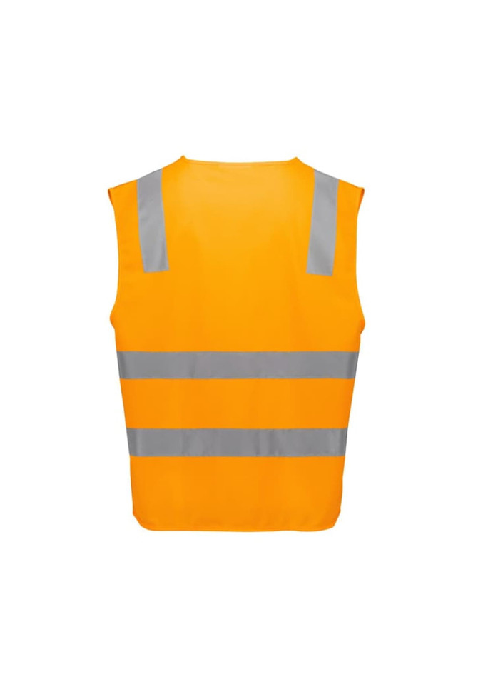 A unisex high visibility vest in bright orange with reflective silver stripes and a logo. Suitable for safety wear.