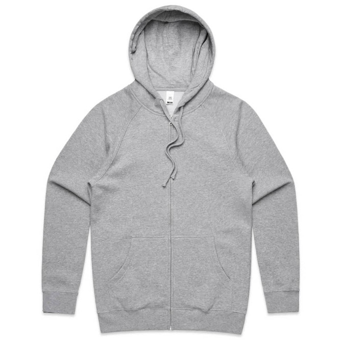 A grey zip-up hoodie featuring a hood and a branding logo.
