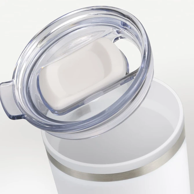 A double wall travel mug in white with a clear lid and a silver band around the top. It features a logo.