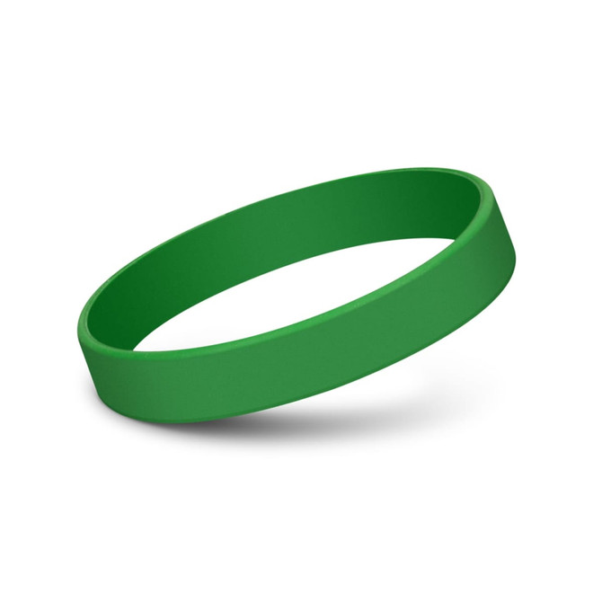 A green silicone wristband with a smooth finish, featuring a debossed design. It has a logo on it.