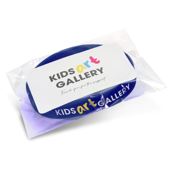 A blue silicone wristband in packaging featuring a logo. Suitable for kids, with a debossed design.