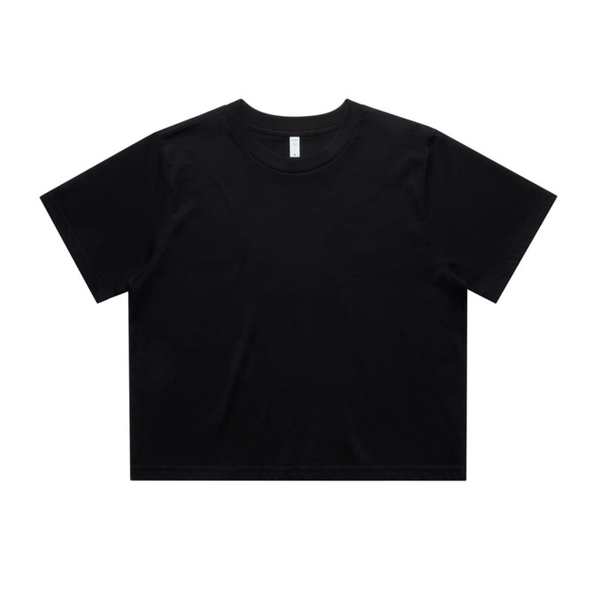 A black cropped t-shirt with a loose fit, featuring short sleeves and minimal design. It has a logo on the label.