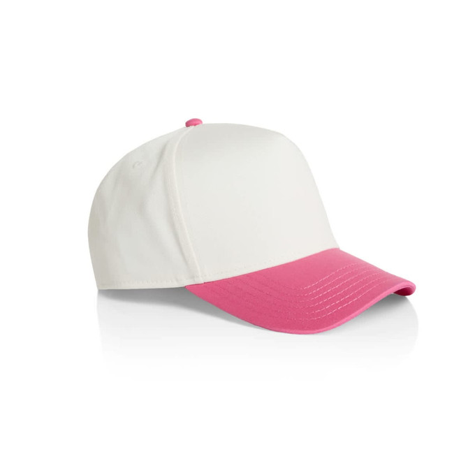 A two-tone cap featuring a white body and a pink peak, with an adjustable back and a logo.