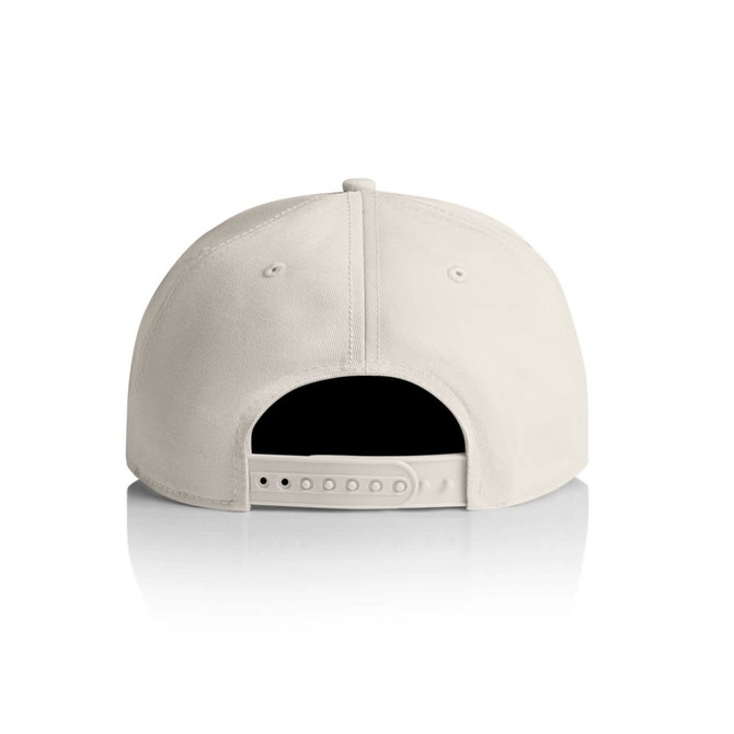 A beige 7-panel cap with a snapback closure and a logo on the back.